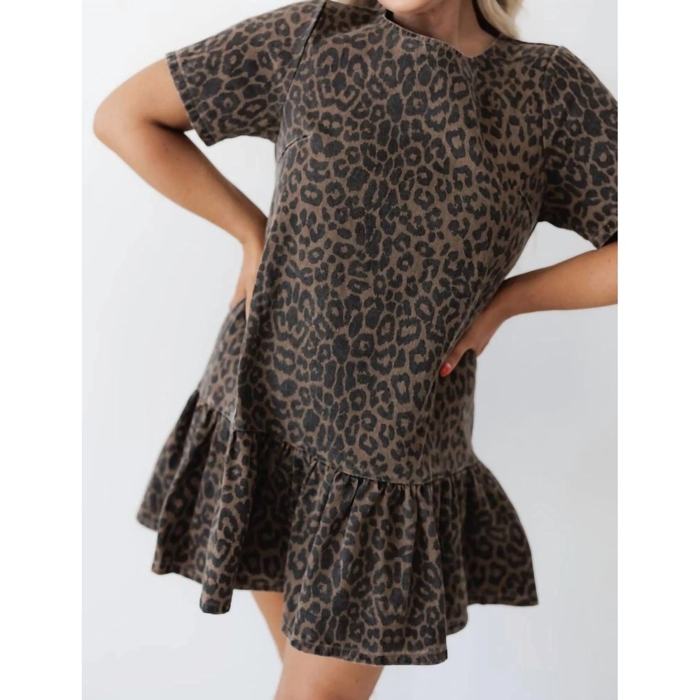 Idem Ditto Washed Denim Leopard Print Drop Waist Dress